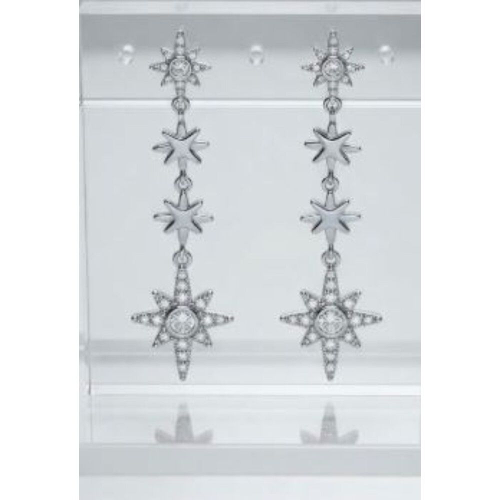 NWT Anthropologie Celestial Crystal Starburst Linear Drop Earrings Silver Tone